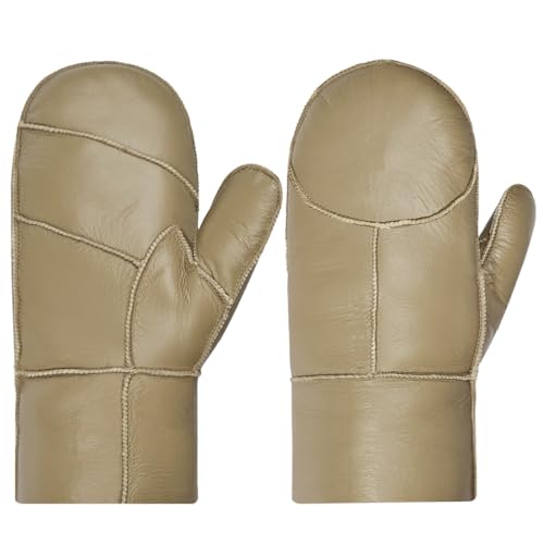 Harssidanzar Damen Fäustlinge,Winter Warme Echtleder Schaffell Shearling Pelz Gefütterte Fäustlinge Handschuhe KL031EU,Khaki,Größe M von Harssidanzar