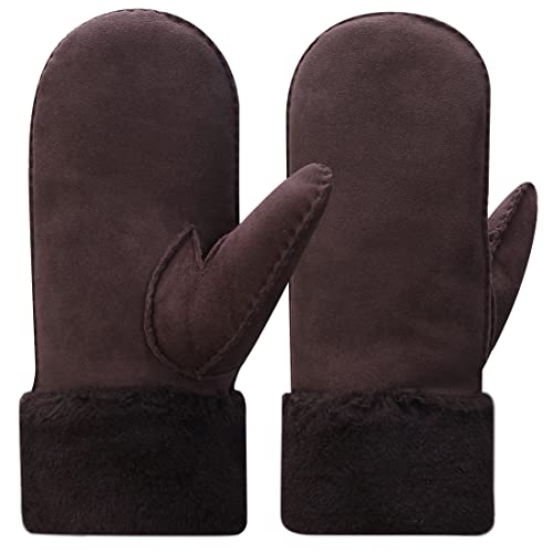 Harssidanzar Damen Fäustlinge Winter,Schaffell Lammfell beheizte warme pelzige Stulpenhandschuhe Lederhandschuhe KL024EU,Braun, Größe L von Harssidanzar