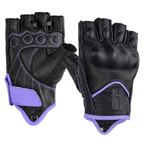 Harssidanzar Damen Fingerlose Motorradhandschuhe,Harter Knuckle Schutz Reiten Motorradfahrer Racing Motorradhandschuh KL022EU,Schwarz-Helllila, Größe XL von Harssidanzar