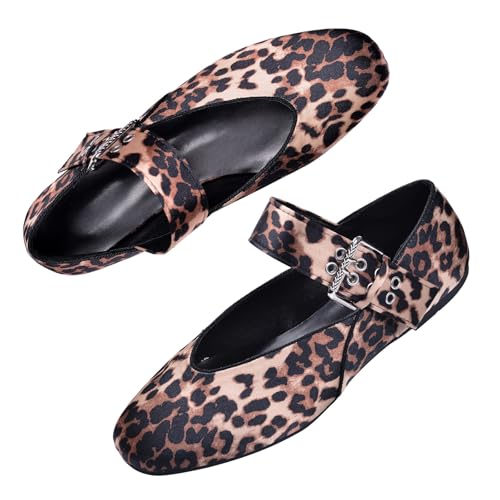 Harssidanzar Damen Flache Schuhe Jane Ballet mit Riemchen, Bequem Niedriger Keilabsatz, RL001EU,Leopardfleck,Größe 38 von Harssidanzar