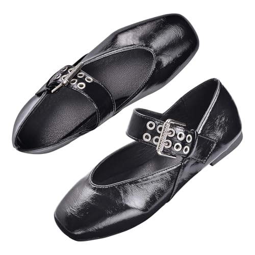 Harssidanzar Damen Flache Schuhe Jane Ballet mit Riemchen, Niedriger Keilabsatz, Bequem RL001EU,Schwarz,Größe 36 von Harssidanzar