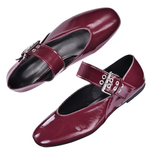 Harssidanzar Damen Flache Schuhe Jane Ballet mit Riemchen, Niedriger Keilabsatz, Bequem RL001EU,Winerot, Größe 39 von Harssidanzar