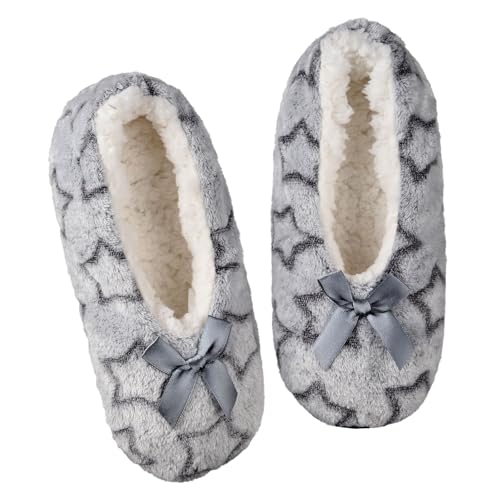 Harssidanzar Damen Hausschuhe Socken Winter Erwachsene Warm Haus Weiche Slipper Rutschfest Niedlich Ballett Waschbar RL015US, GRAU, 5-6.5 von Harssidanzar