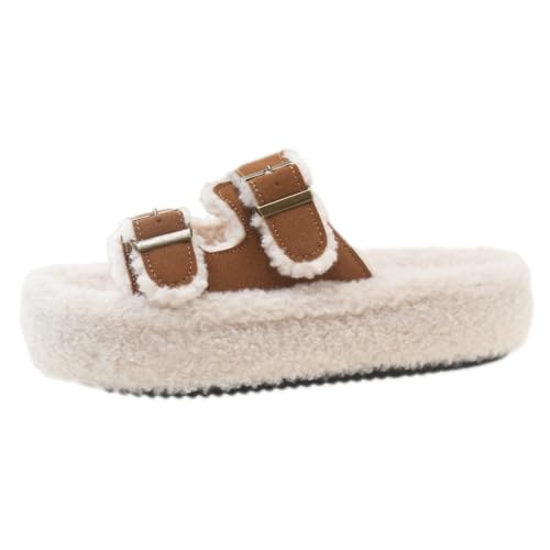 Harssidanzar Damen Hausschuhe mit offener Spitze flauschig bequem aus Fleece mit verstellbaren Doppelschnallen KL520EU,Kamel,Größe 38 von Harssidanzar