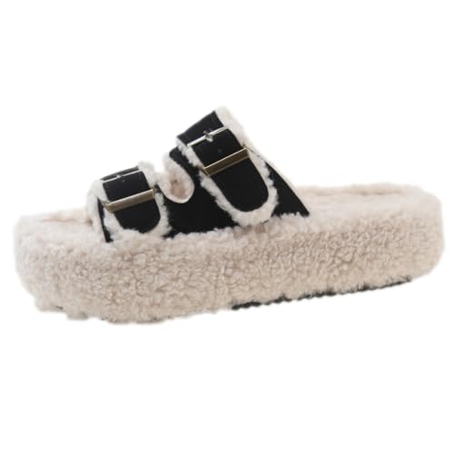 Harssidanzar Damen Hausschuhe mit offener Spitze flauschig bequem aus Fleece mit verstellbaren Doppelschnallen KL520EU,Schwarz,Größe 39 von Harssidanzar