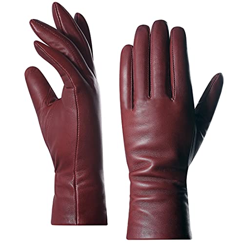 Harssidanzar Damen Leder Handschuhe,Damen Italienische Lammfell Lederhandschuhe Kaschmir Gefüttert, Burgund, XS von Harssidanzar