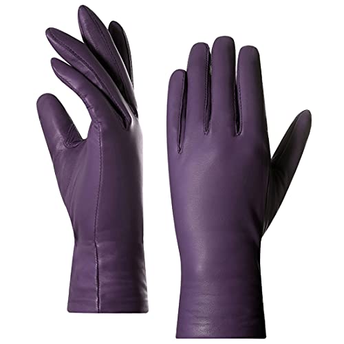 Harssidanzar Damen Leder Handschuhe,Damen Italienische Lammfell Lederhandschuhe Kaschmir Gefüttert GL006,Lila,Größe L von Harssidanzar