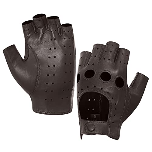 Harssidanzar Damen Lammfell Leder Fingerlose Handschuhe Ungefüttert Half Finger Driving GL012, Braun,Größe XL von Harssidanzar