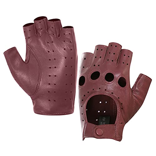 Harssidanzar Damen Lammfell Leder Fingerlose Handschuhe Ungefüttert Half Finger Driving GL012, Burgund, Größe XL von Harssidanzar