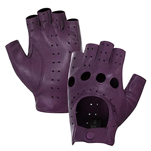 Harssidanzar Damen Lammfell Leder Fingerlose Handschuhe Ungefüttert Half Finger Driving GL012, lila,größe L von Harssidanzar