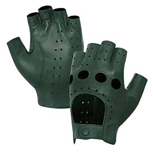 Harssidanzar Damen Lammfell Leder Fingerlose Handschuhe Ungefüttert Half Finger Driving GL012,Jägergrün,Größe S von Harssidanzar