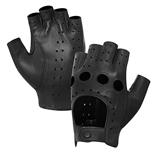 Harssidanzar Damen Lammfell Leder Fingerlose Handschuhe Ungefüttert Half Finger Driving GL012, Schwarz, Größe XS von Harssidanzar