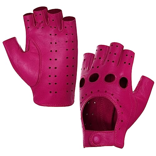 Harssidanzar Damen Lammfell Leder FingerloseHandschuhe Ungefüttert Half Finger Driving GL012,Rosa,Größe L von Harssidanzar