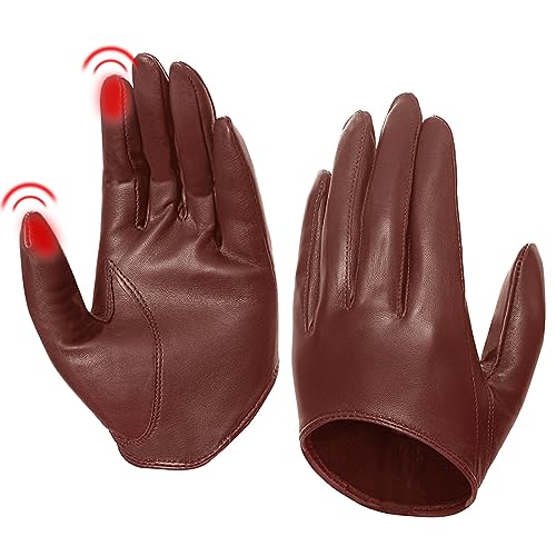 Harssidanzar Damen Lammfell halbe Handfläche Vintage Dress Up Ungefüttert Touchscreen kurze Handschuhe GL011EU,Cognac,Größe M von Harssidanzar