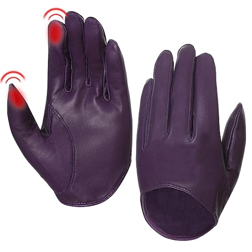 Harssidanzar Damen Lammfell halbe Handfläche Vintage Dress Up Ungefüttert Touchscreen kurze Handschuhe GL011EU,Lila,Größe XL von Harssidanzar