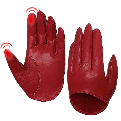 Harssidanzar Damen Lammfell halbe Handfläche Vintage Dress Up Ungefüttert Touchscreen kurze Handschuhe GL011EU,Rot, Größe S von Harssidanzar