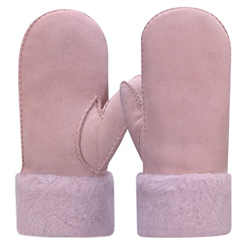 Harssidanzar Damen Leder Fäustlinge,Winter Schaffell Lammfell beheizte warme pelzige Stulpenhandschuhe Lederhandschuhe KL024EU,Rosa,Größe S von Harssidanzar