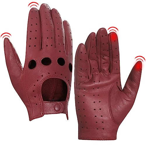 Harssidanzar Damen Leder Fahrhandschuhe, Lammfellhandschuhe, Sommer Leder Touchscreen Fahrhandschuhe, ungefüttert, Lammfellhandschuhe, Damen Lederhandschuhe GL009EUA,Burgund,Größe XL von Harssidanzar