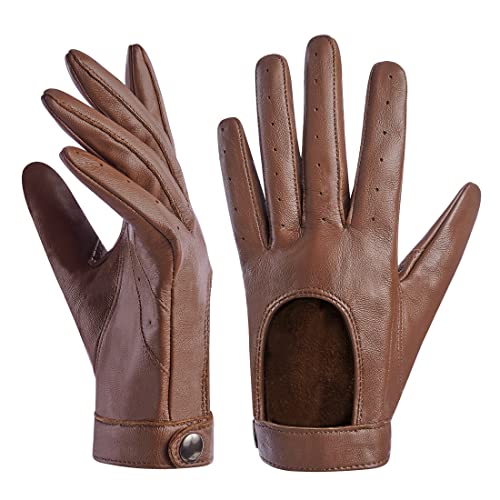 Harssidanzar Damen Leder Handschuhe, Touchscreen ungefüttert, dünne Lederhandschuhe aus Schaffell KL021EU, Cognac,Größe XS von Harssidanzar