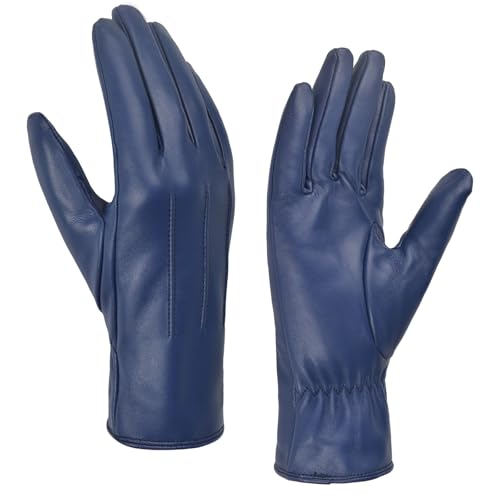 Harssidanzar Damen Leder handschuhe,Winter Warmes Kaschmirfutter Touchscreen Vintage Finished GL017EU,Blau,Größe L von Harssidanzar