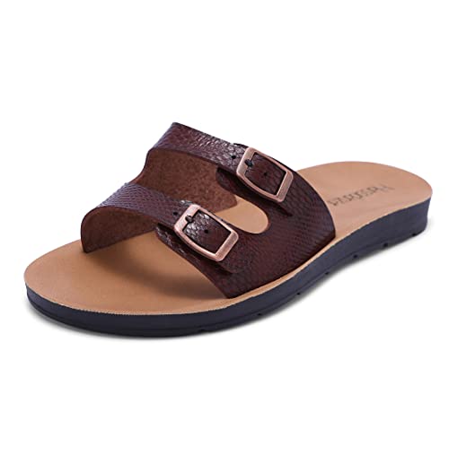 Harssidanzar Damen Leder sandalen,Sommer Slip On leichte modische flache Sandalen mit Metallschnalle für Damen KL214,Schlangensattel,Größe 39 von Harssidanzar