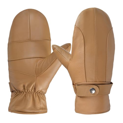 Harssidanzar Damen Lederfäustlinge Winter Lederhandschuhe Wärme Weiches Innenfutter SL027EU,Kamel,Größe S von Harssidanzar