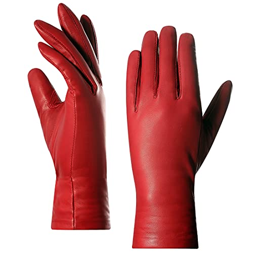 Harssidanzar Damen Lederhandschuhe,Damen Italienische Lammfell Lederhandschuhe Kaschmir Gefüttert GL006, Rot, Größe XS von Harssidanzar