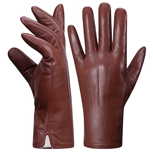 Harssidanzar Damen Lederhandschuhe,Winter Kaninchenfell gefütterte weiche Echtlederhandschuhe KL027EU, Cognac, Größe M von Harssidanzar