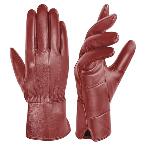 Harssidanzar Damen Lederhandschuhe Schafsfell Warm Winter Weich gefüttert SL025EU,Rot, Größe L von Harssidanzar