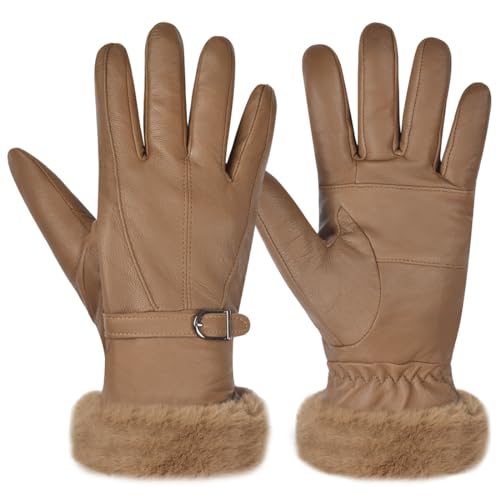 Harssidanzar Damen Lederhandschuhe Winter Thermo handschuhe Kleid Lederhandschuhe Fell gefüttert für kaltes Wetter SL022EU,Kaffee,Größe L von Harssidanzar