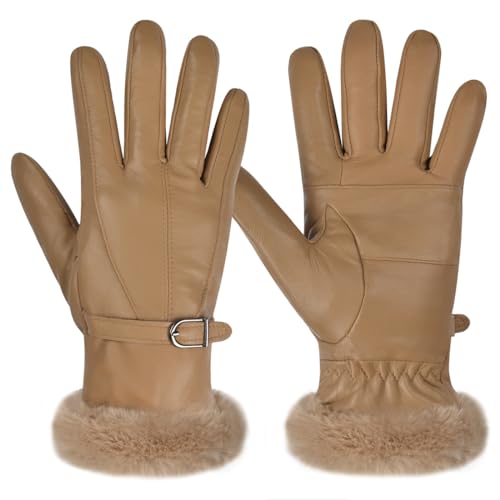 Harssidanzar Damen Lederhandschuhe Winter Thermo handschuhe Kleid Lederhandschuhe Fell gefüttert für kaltes Wetter SL022EU,Khaki, Größe L von Harssidanzar