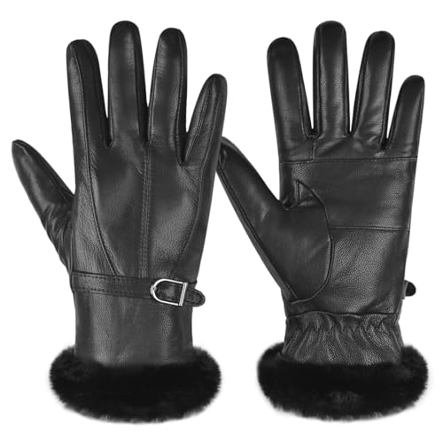 Harssidanzar Damen Lederhandschuhe Winter Thermo handschuhe Kleid Lederhandschuhe Fell gefüttert für kaltes Wetter SL022EU,Schwarz,Größe L von Harssidanzar