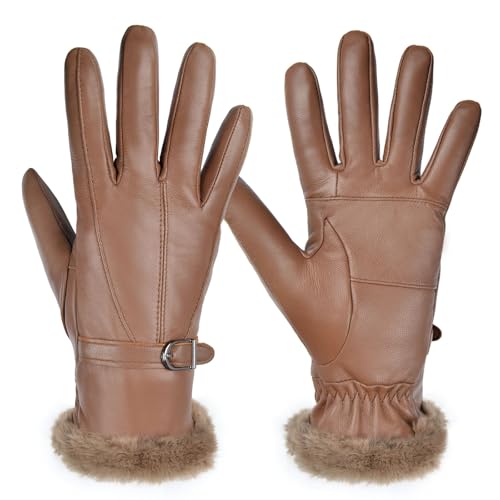 Harssidanzar Damen Lederhandschuhe Winter Thermo handschuhe Kleid Lederhandschuhe SL022EU,Cognac,Größe M von Harssidanzar