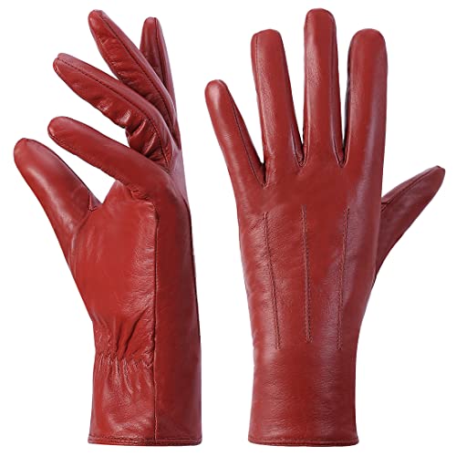 Harssidanzar Damen Lederhandschuhe Winter Warmes Kaschmirfutter Touchscreen Vintage Finished GL017EUA,Rot,Größe L von Harssidanzar