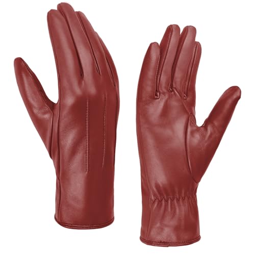 Harssidanzar Damen Lederhandschuhe Winter Warmes Kaschmirfutter Touchscreen Vintage Finished GL017EUA,Rot,Größe L von Harssidanzar