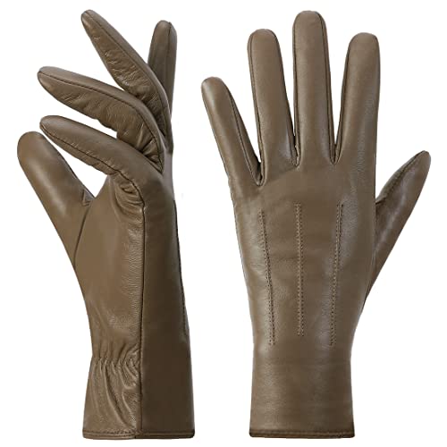 Harssidanzar Damen Lederhandschuhe Winter Warmes Kaschmirfutter Touchscreen Vintage Finished GL017EU,Khaki,Größe L von Harssidanzar