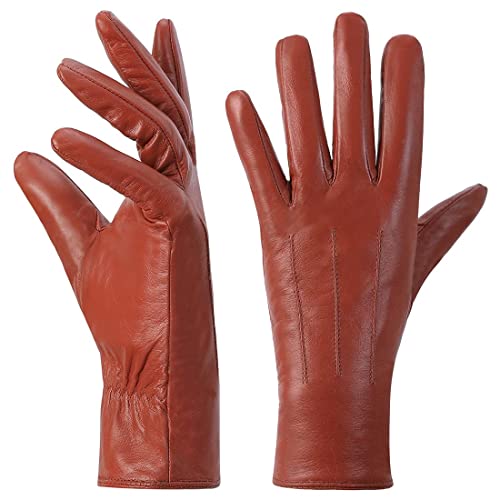 Harssidanzar Damen Lederhandschuhe Winter Warmes Kaschmirfutter Touchscreen Vintage Finished GL017EU,Orange Rot, Größe XL von Harssidanzar