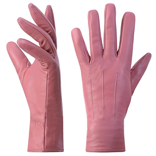 Harssidanzar Damen Lederhandschuhe Winter Warmes Kaschmirfutter Touchscreen Vintage Finished GL017EU, Rosa,Größe M von Harssidanzar