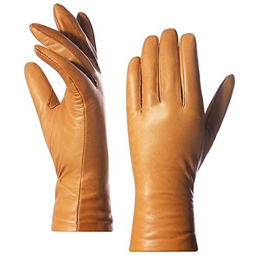 Harssidanzar Winter Handschuhe Damen,Damen Luxus Italienische Lammfell Lederhandschuhe Kaschmir Gefüttert GL006,Bräunen,Größe M von Harssidanzar