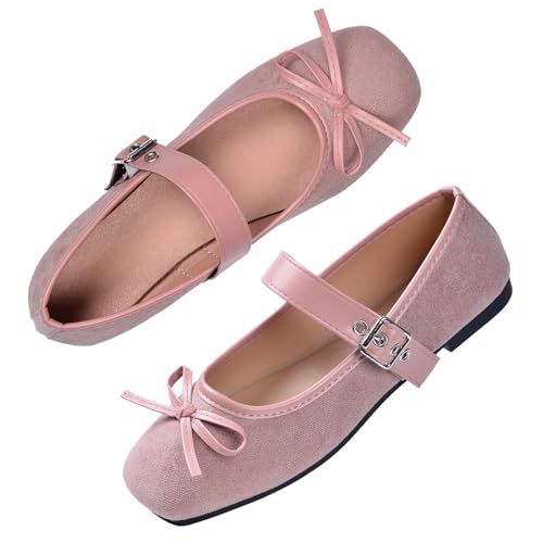 Harssidanzar Damen Mary Jane Ballerinas Flache Komfortschuhe mit Schleifenverschluss dekorativer Schnalle RL004EU,Rosa,Größe 36 von Harssidanzar