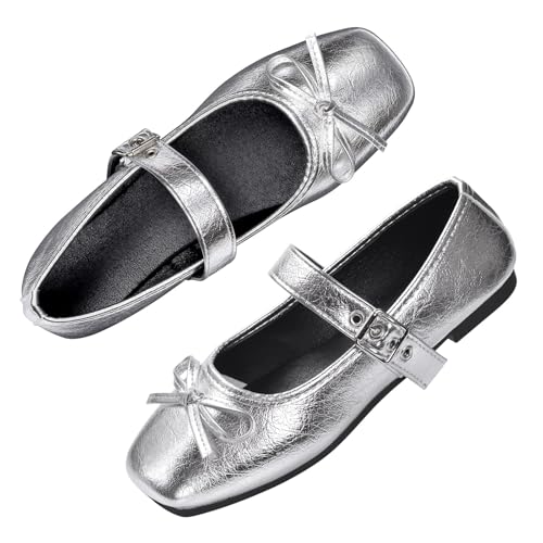 Harssidanzar Damen Mary Jane Ballerinas Flache Komfortschuhe mit Schleifenverschluss dekorativer Schnalle RL004EU,Silber,Größe 38 von Harssidanzar