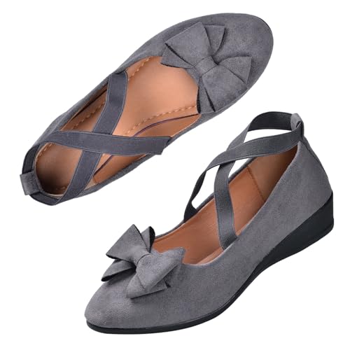 Harssidanzar Damen Mary Jane Ballerinas Slip On Flachschuhe mit Zierriemen Schleifenapplikation,RL003EU,Grau, Größe 38 von Harssidanzar