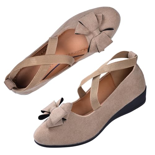 Harssidanzar Damen Mary Jane Ballerinas Slip On Flachschuhe mit Zierriemen Schleifenapplikation,RL003EU,Khaki,Größe 39 von Harssidanzar