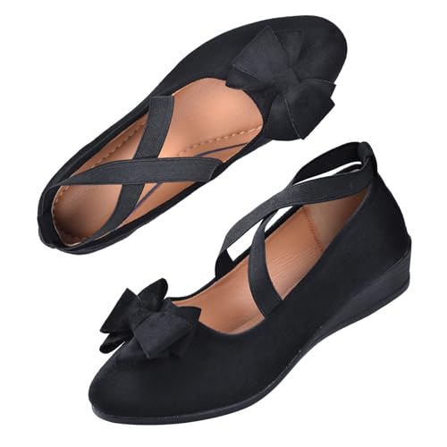Harssidanzar Damen Mary Jane Ballerinas Slip On Flachschuhe mit Zierriemen Schleifenapplikation,RL003EU,Schwarz,Größe 38 von Harssidanzar