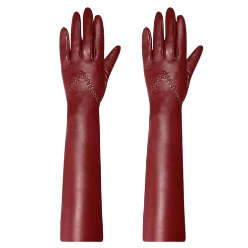 Harssidanzar Damen Opera Ellbogen Lange Lederhandschuhe Vintage Abend Lammfell Handschuhe Touchscreen Kleid Leder Handschuhe SL023EU,Rot,Größe L von Harssidanzar