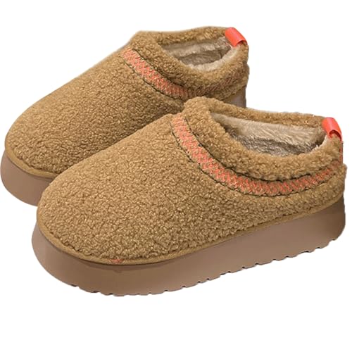 Harssidanzar Damen Plattform Hausschuhe Fleece gefütterte Stiefel Anti-Rutsch Schnee Plattform Hausschuhe Winter Haus Schuhe Innen und Outdoor KL506EU,Braun, Größe 38 von Harssidanzar