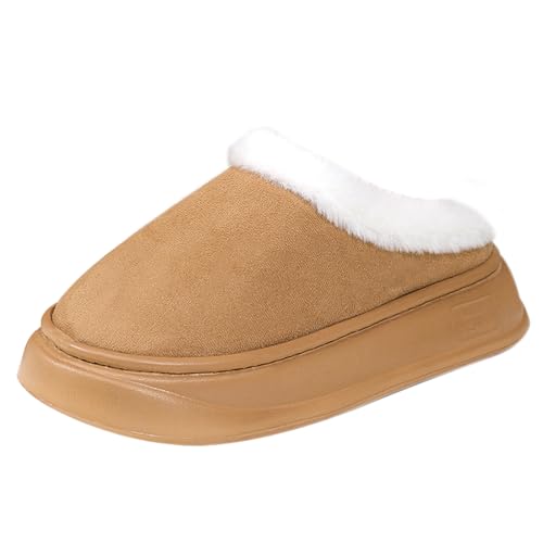 Harssidanzar Damen Plattform Mini Stiefel Hausschuhe für Frauen Wildleder Kurz Knöchel Indoor Hausschuhe Slip auf Pelz Fleece gefüttert HL210EU,Camel,Größe 36/37 von Harssidanzar