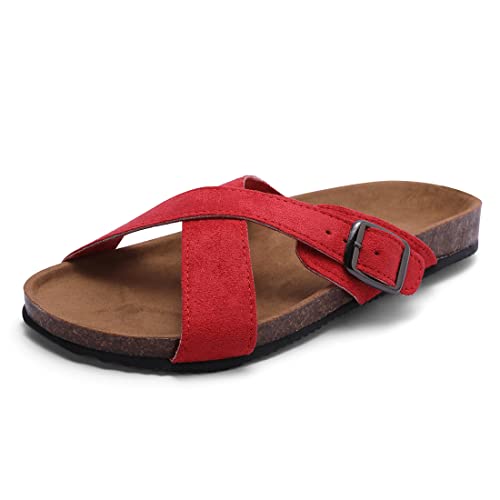 Harssidanzar Damen Sandalen,Sommer Open Toe Fußbett Komfort Wildleder Kork Slides Schnalle Verstellbare Sandalen KL219EU,Rot,Größe 38 von Harssidanzar