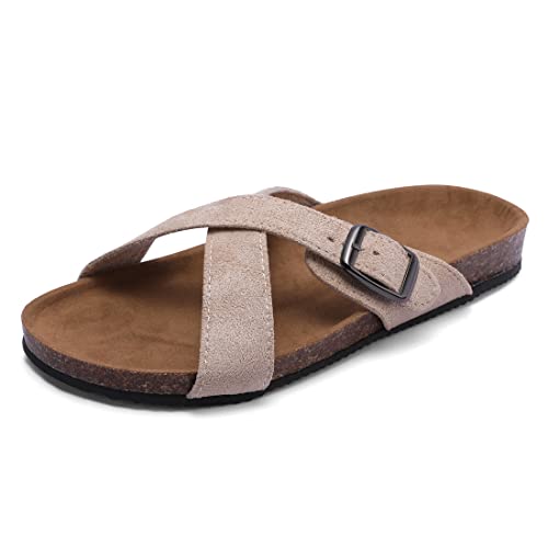 Harssidanzar Damen Slides Sandalen, Sommer Open Toe Fußbett Komfort Wildleder Kork Slides Schnalle Verstellbare Sandalen KL219EU,Beige,Größe 37 von Harssidanzar