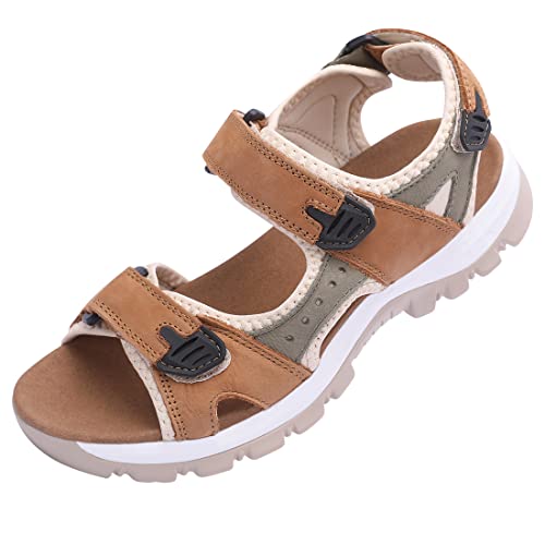 Harssidanzar Damen Sommer Sport Sandalen Wandern Sandalen Outdoor Wandern Sandalen Verstellbarer Riemen Leder Sandalen SL256EU,Kamel Grau, Größe 40 von Harssidanzar